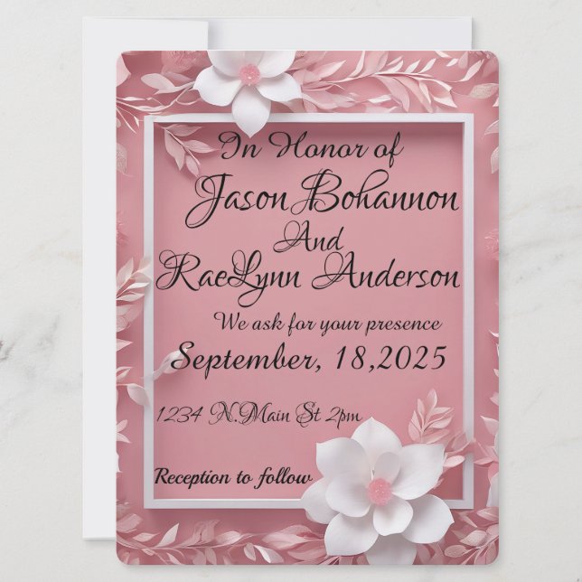 White Flowers on a pink background and white frame Save The Date (Front)
