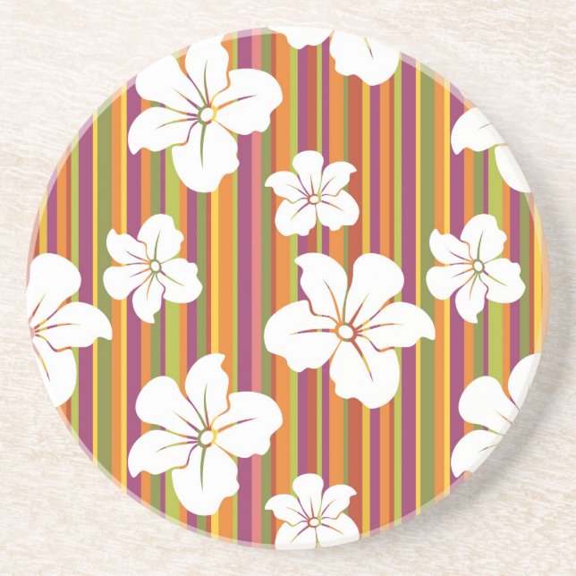 White flowers on a striped background coaster (Front)