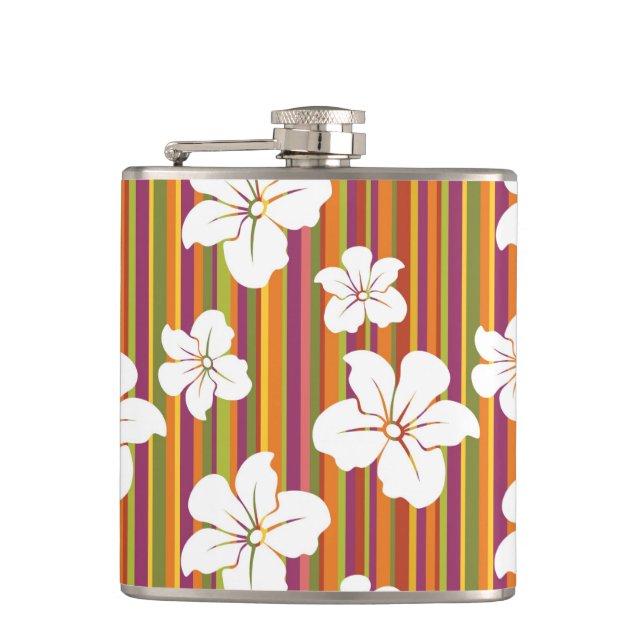 White flowers on a striped background hip flask (Front)