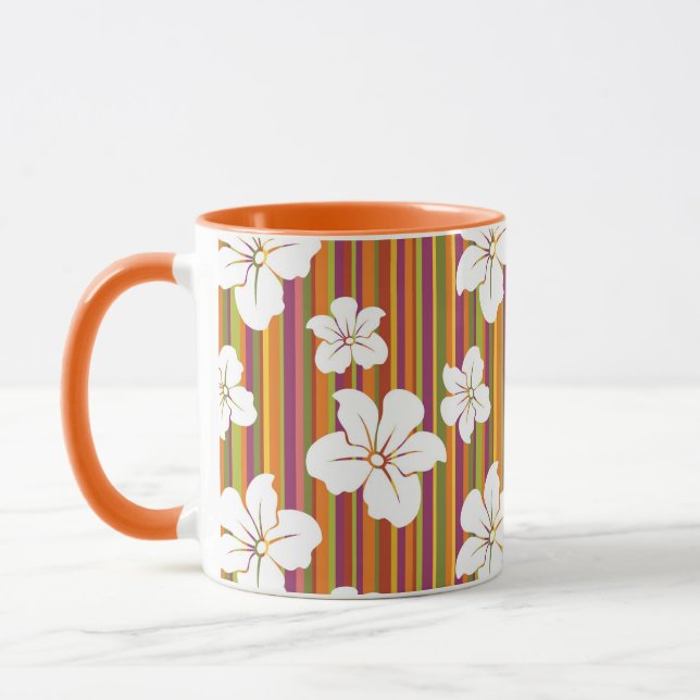 White flowers on a striped background mug (Left)
