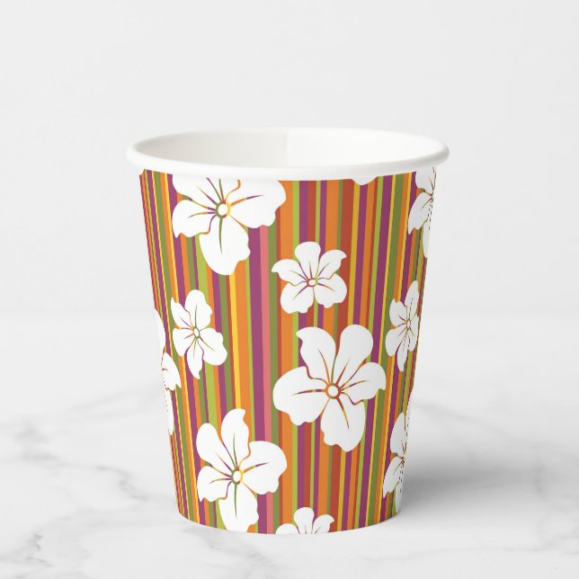 White flowers on a striped background paper cups (Left)