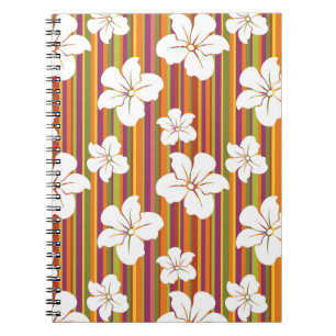 White flowers on a striped background spiral notebook
