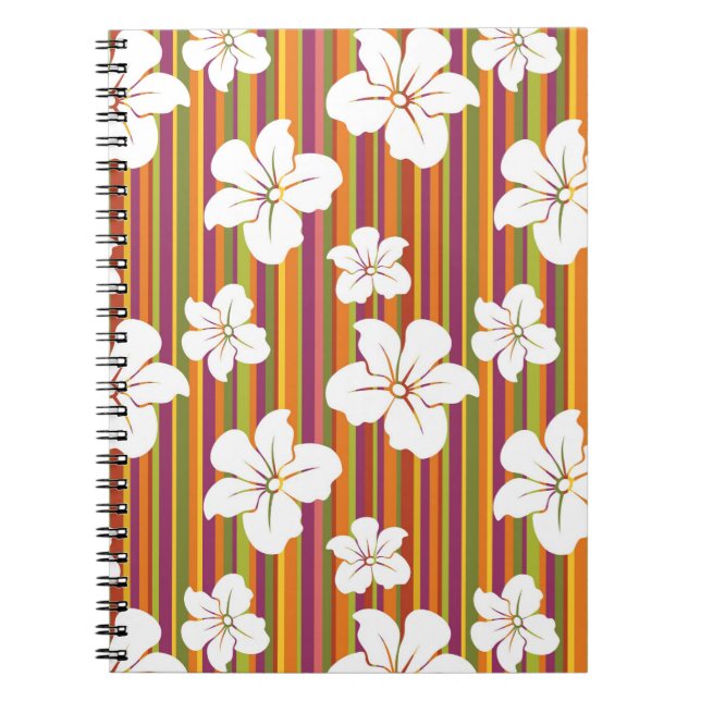 White flowers on a striped background spiral notebook (Front)