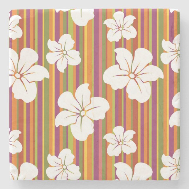 White flowers on a striped background stone coaster (Front)