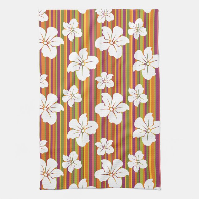 White flowers on a striped background tea towel (Vertical)