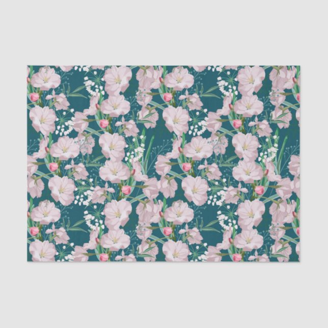 White Flowers on a Teal Background Floral Pattern Tissue Paper (Front)