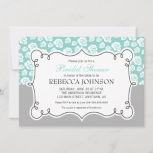 White Flowers on Aqua & Grey Bridal Shower Invitation