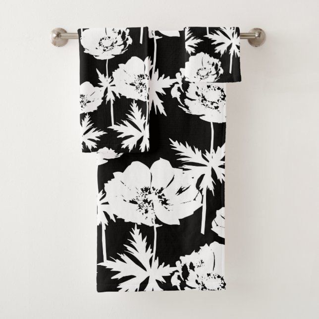 White flowers on black. bath towel set (Insitu)