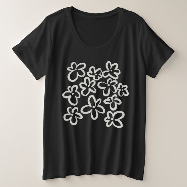 White flowers on black plus size T-Shirt (Design Front)