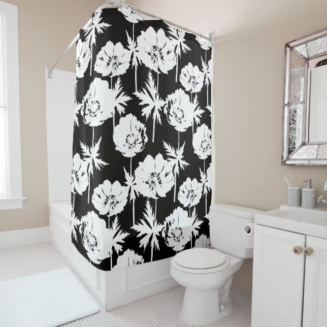 White flowers on black. shower curtain (In Situ)