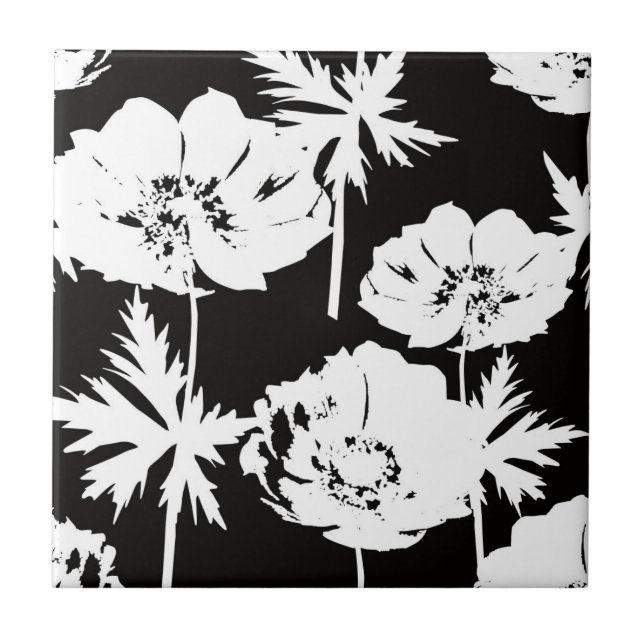 White flowers on black. tile (Front)