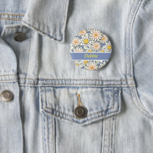 White flowers on blue 6 cm round badge
