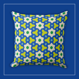 White Flowers on Blue and Green Geometric Floral Cushion