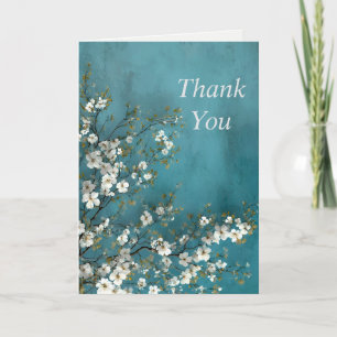 White Flowers on Blue Background Thank You Card