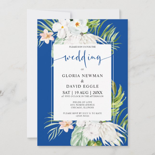 White Flowers on Blue Background Wedding   Invitation (Front)
