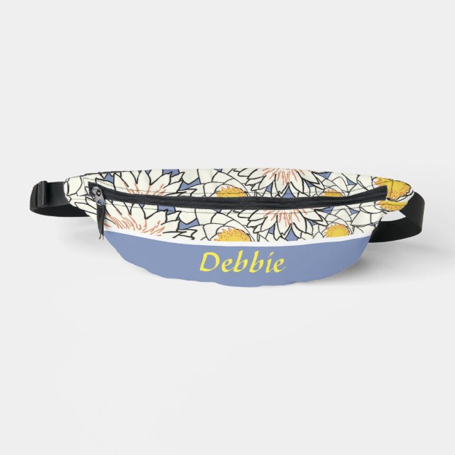 White flowers on blue bum bags (Front)