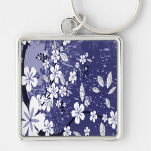 White Flowers on Blue Grunge Key Ring