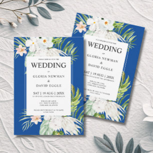 White Flowers on Blue Wedding  Invitation