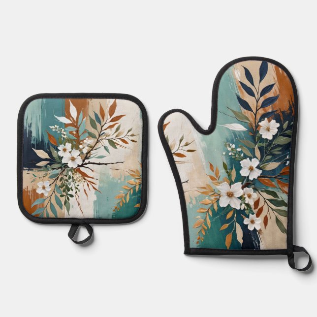 White flowers on colourful abstract background  oven mitt & pot holder set (Front)
