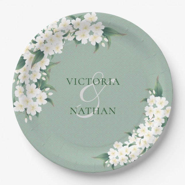 White Flowers on Green Chinoiserie Pattern Wedding Paper Plate (Front)