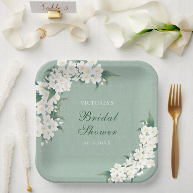 White Flowers on Green Pattern Bridal Shower Paper Plate (Wedding)