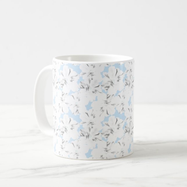 White flowers on light blue. coffee mug (Front Left)
