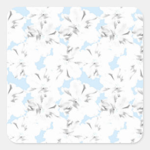 White flowers on light blue. square sticker