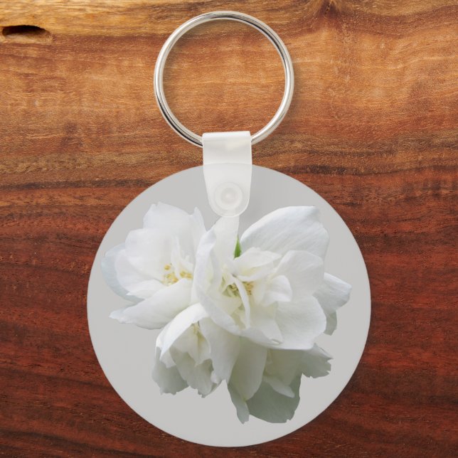 White Flowers on Light Grey Background Key Ring (Front)