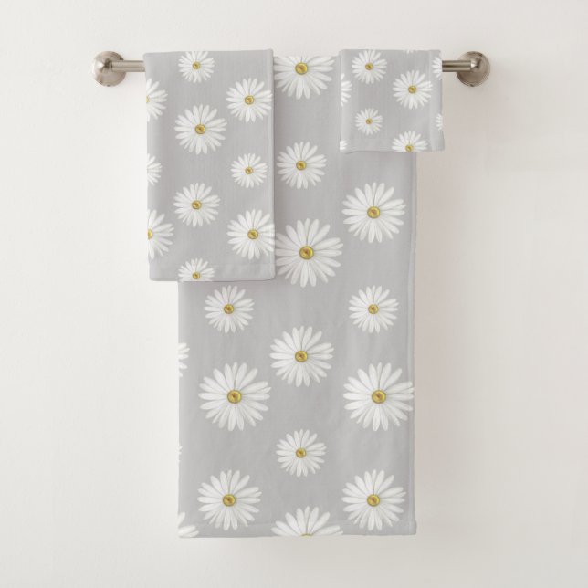 White Flowers on Light Grey Bath Towel Set (Insitu)