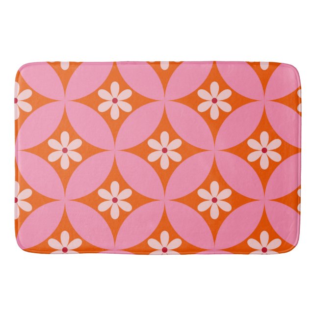 White Flowers on Mid Century Pink Circles Pattern  Bath Mat (Front)