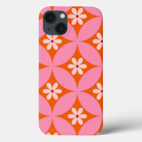 White Flowers on Mid Century Pink Circles Pattern 