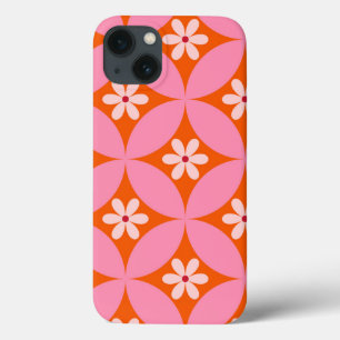 White Flowers on Mid Century Pink Circles Pattern iPhone 13 Case