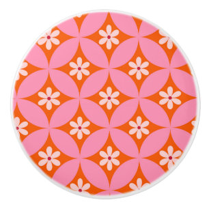 White Flowers on Mid Century Pink Circles Pattern  Ceramic Knob