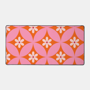 White Flowers on Mid Century Pink Circles Pattern  Desk Mat
