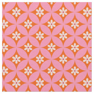 White Flowers on Mid Century Pink Circles Pattern Fabric