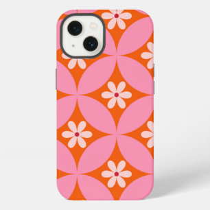 White Flowers on Mid Century Pink Circles Pattern iPhone 13 Case