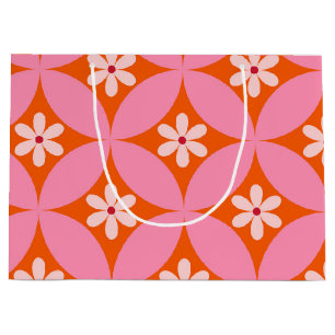 White Flowers on Mid Century Pink Circles Pattern  Large Gift Bag