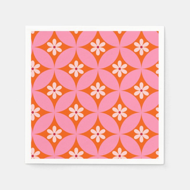 White Flowers on Mid Century Pink Circles Pattern  Napkin (Front)