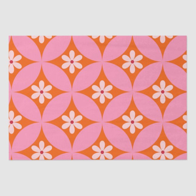 White Flowers on Mid Century Pink Circles Pattern  Tissue Paper (Front)