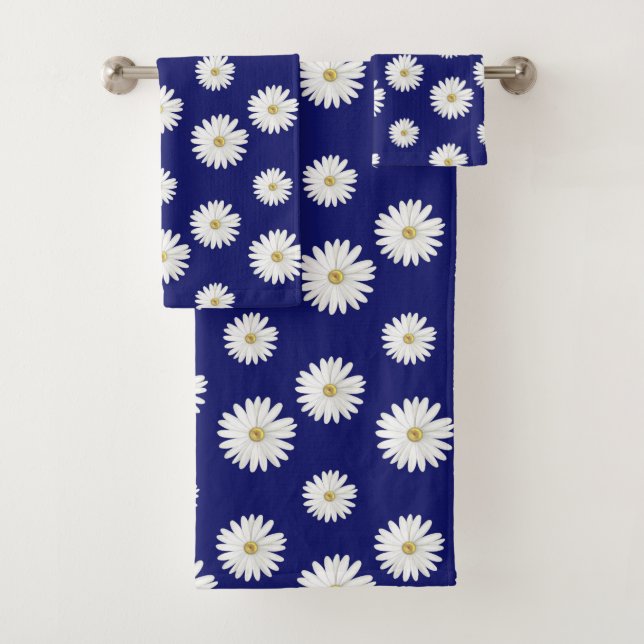 White Flowers on Navy Blue Bath Towel Set (Insitu)