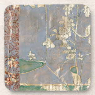 White Flowers on Newsprint Background Coaster