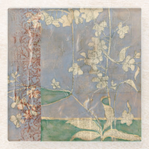 White Flowers on Newsprint Background Glass Coaster