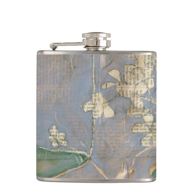 White Flowers on Newsprint Background Hip Flask (Front)