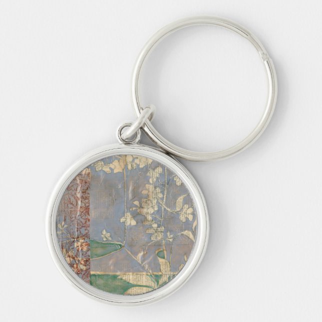 White Flowers on Newsprint Background Key Ring (Front)