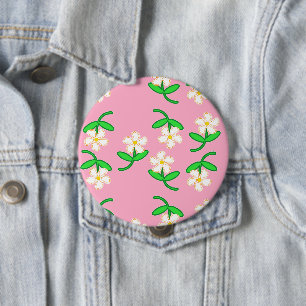 White flowers on pink 10 cm round badge