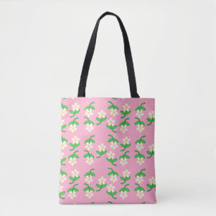 White flowers on pink tote bag