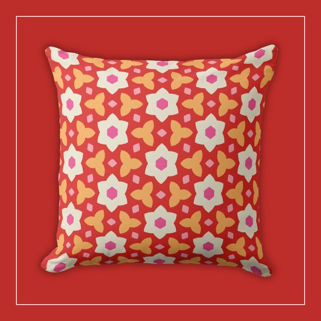 White Flowers on Red and Peach Geometric Floral Cushion (Creator Uploaded)