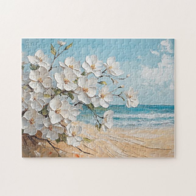 White Flowers on the Beach Oil Painting Jigsaw Puzzle (Horizontal)