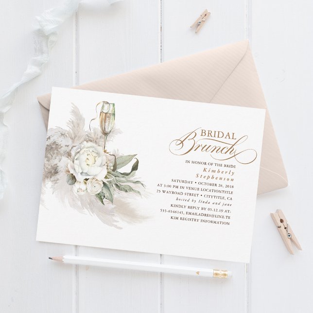 White Flowers Pampas Grass Greenery Bridal Brunch Invitation (Creator Uploaded)