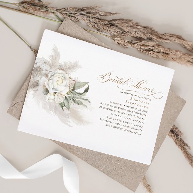 White Flowers Pampas Grass Greenery Bridal Shower Invitation (Creator Uploaded)
